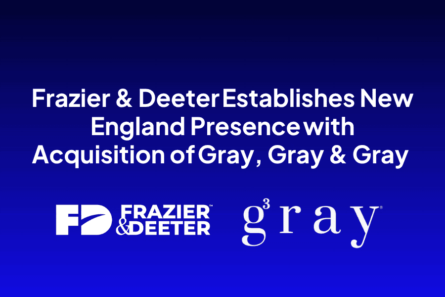 Press release headline: Frazier & Deeter expands to New England by acquiring Gray, Gray & Gray, with logos below.